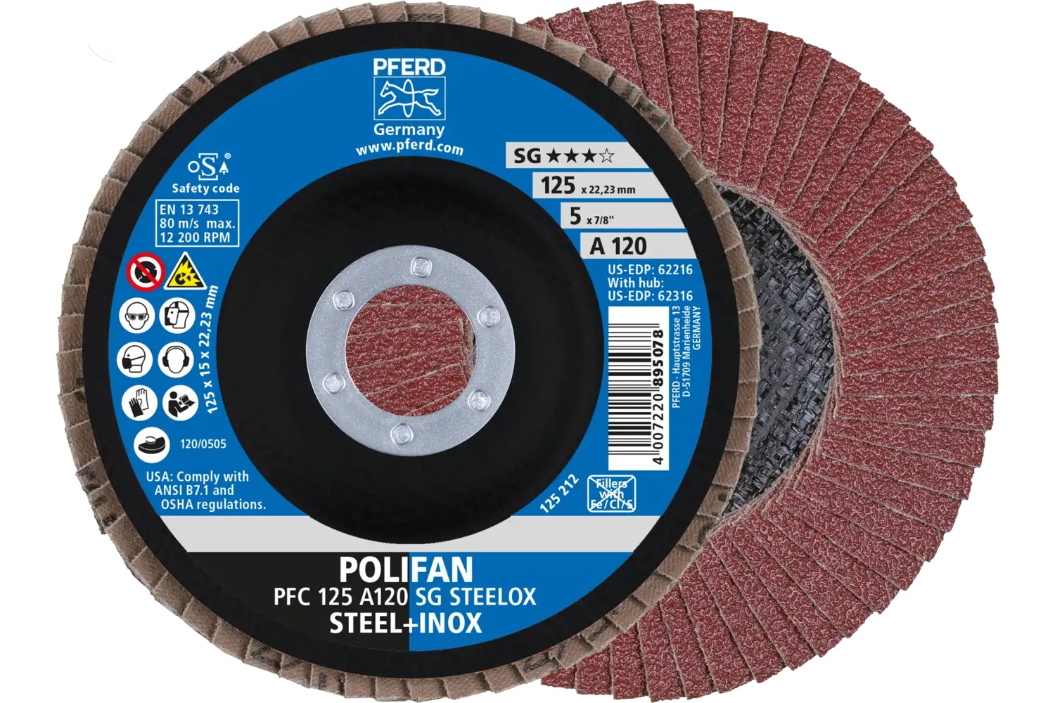 Picture of Pferd Flap Disc, 5" x 7/8, A SG Steelox, 120 Grit, T29, Conical, Aluminum oxide